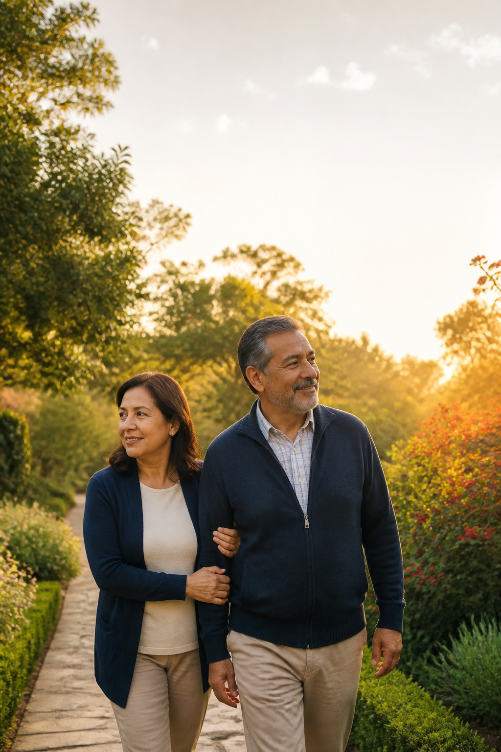 Pareja caminando al amanecer